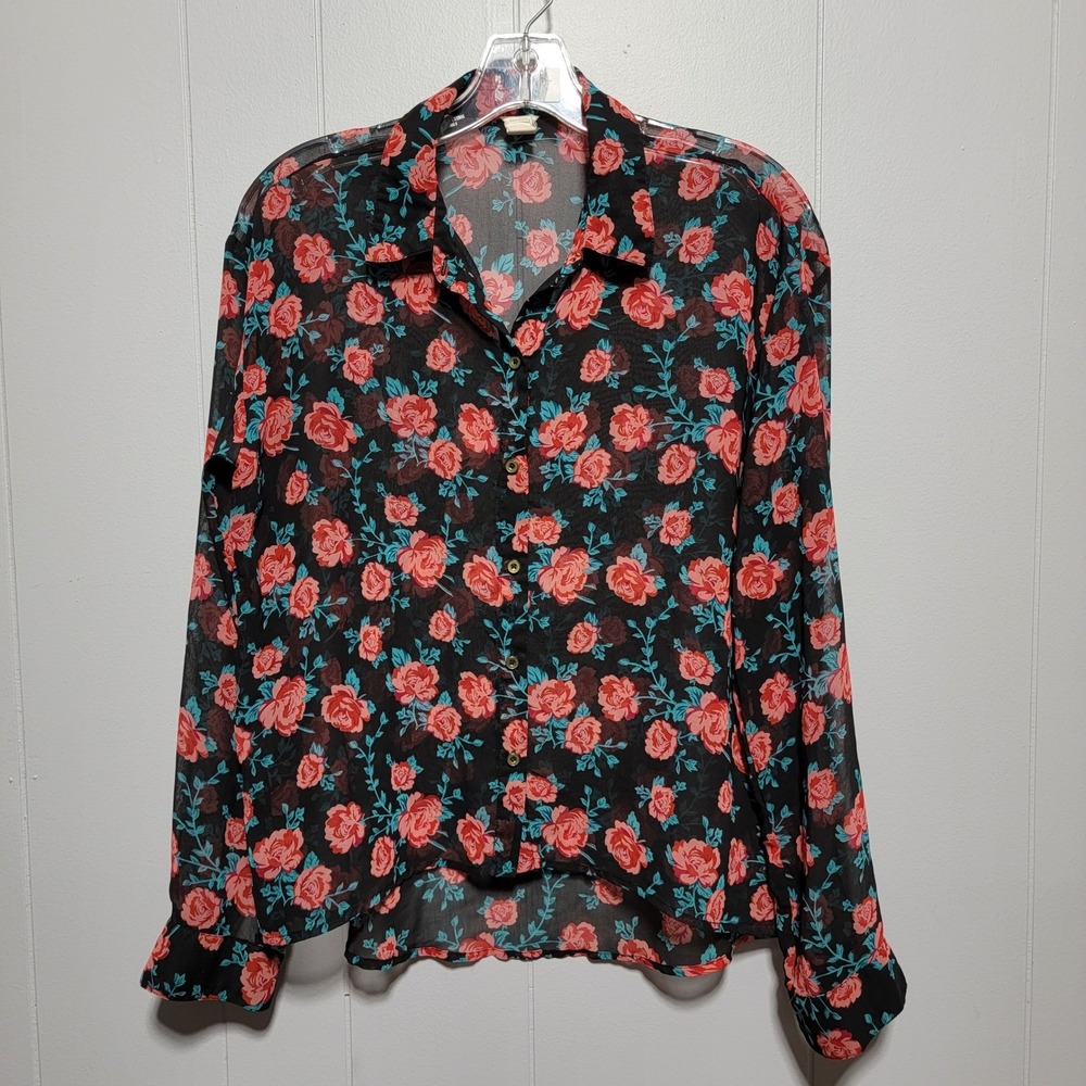 Forever‎ 21 Black Floral Rose Sheer Button Up Hi Low Long Sleeve Blouse Top
